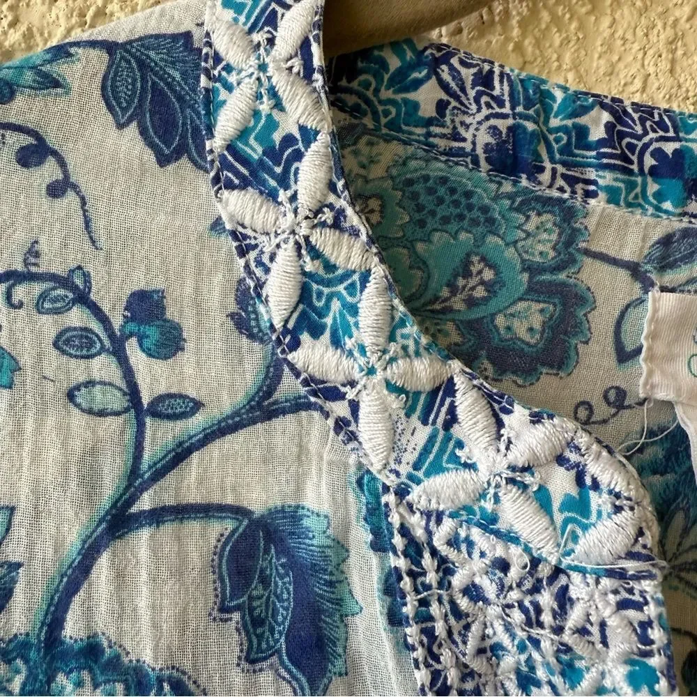 Sigrid Olsen Blue Floral embroidered Tunic Top Crinkle Cotton Boho Sz Small